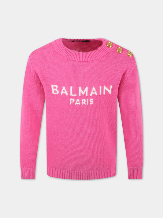 Maglione fucsia per bambina con logo bianco,Balmain Kids,6R9O20 W0002 514