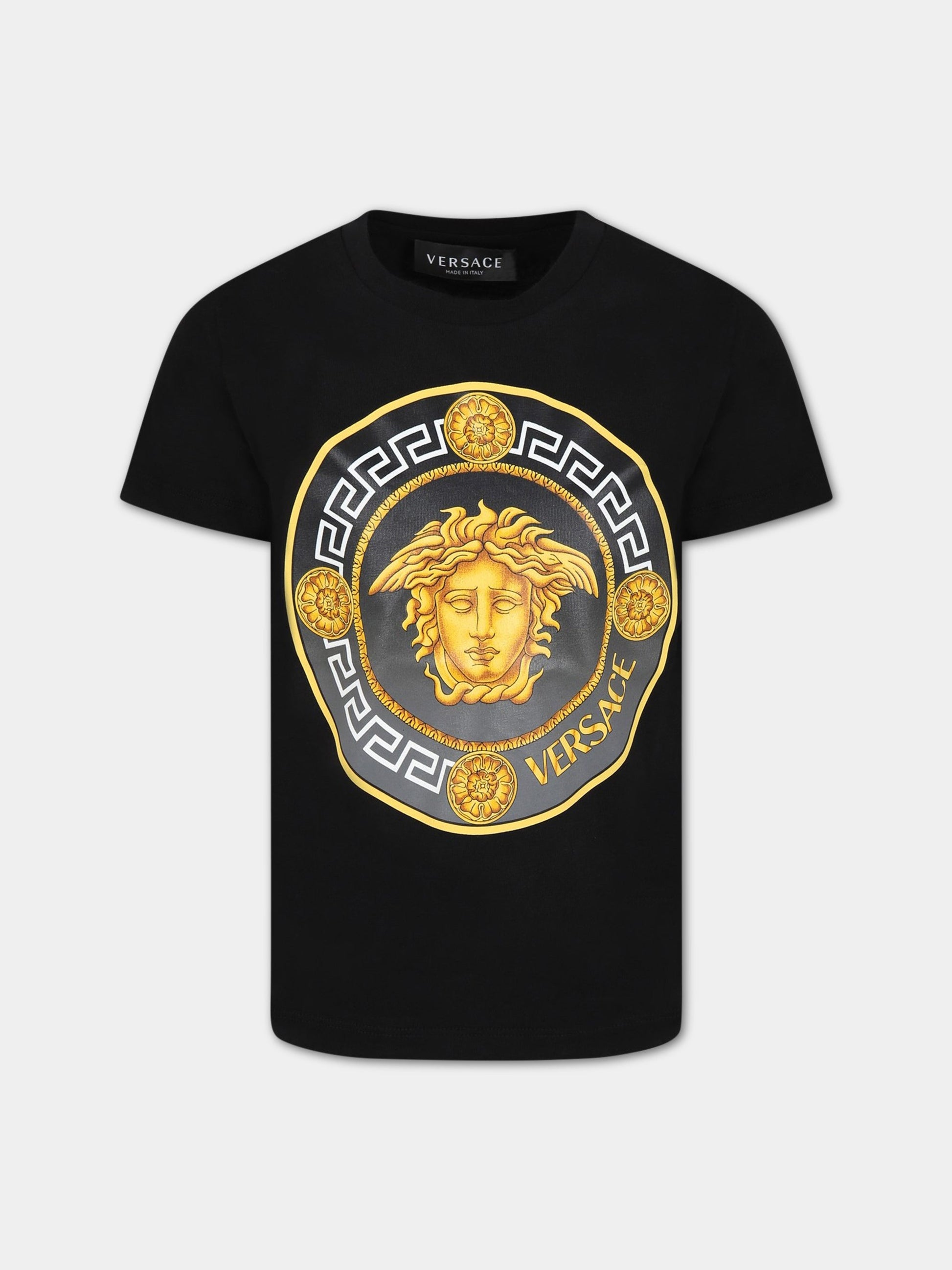 T-shirt nera per bambino con Medusa e logo,Versace,1000129 1A07317 2B130 AY0034