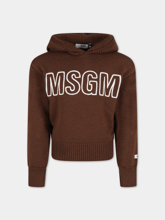 Maglione marrone per bambini con logo bianco ricamato,Msgm Kids,MS029297 090
