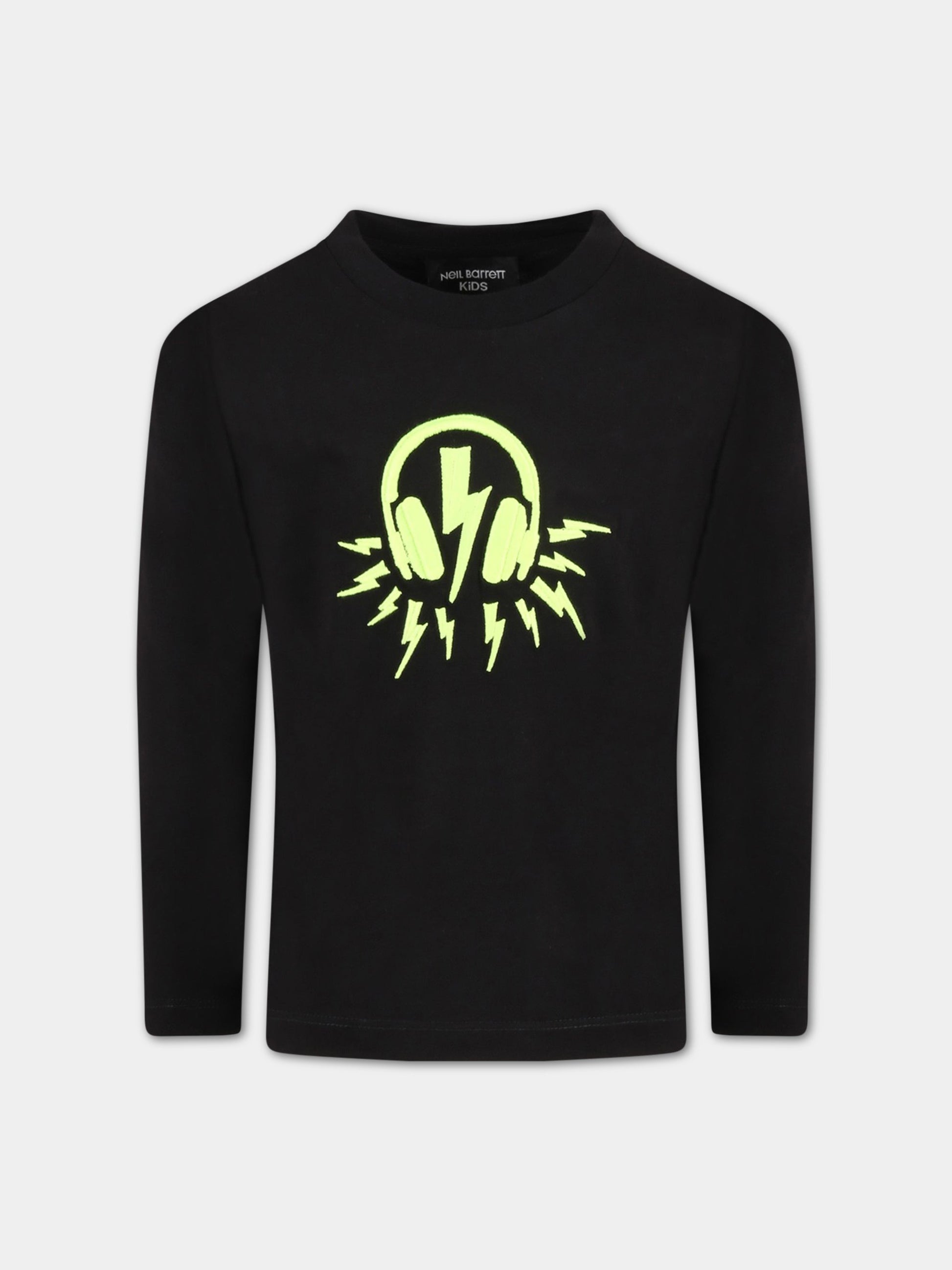 T-shirt nera per bambino con cuffie ricamate e logo,Neil Barrett Kids,032286 110