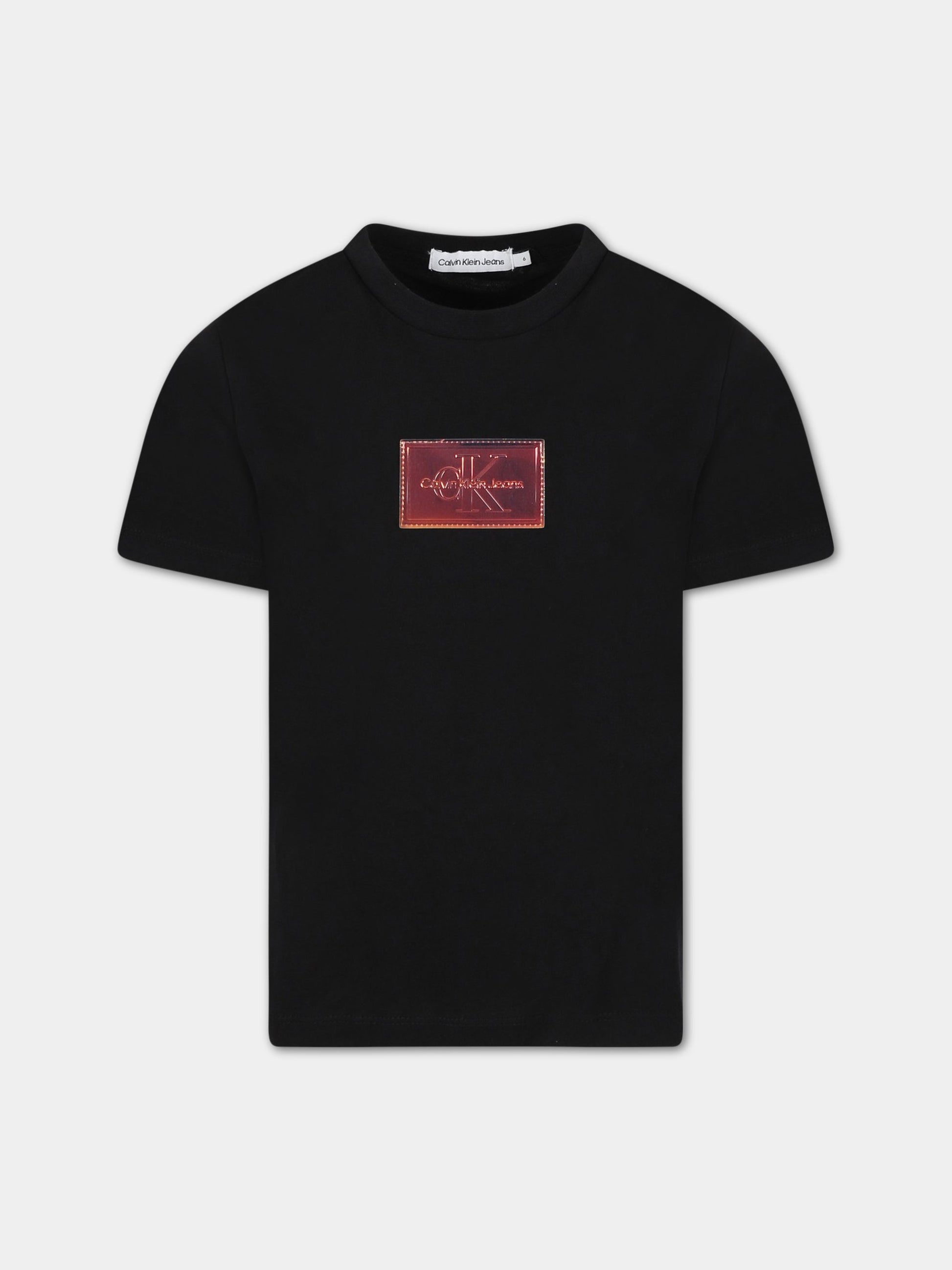 T-shirt nera per bambina con patch logato,Calvin Klein Kids,IU0IU00357 BEH