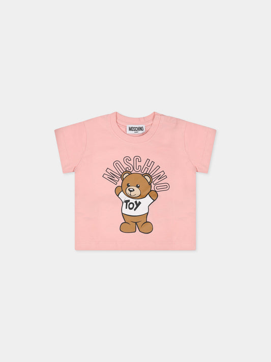 T-shirt rosa per neonata con Teddy Bear e logo,Moschino Kids,MUM032 LAA01 50209