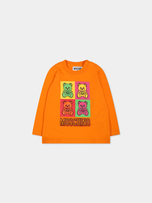 T-shirt arancione per neonato con Teddy Bear e logo,Moschino Kids,MMO00E LBA19 50578