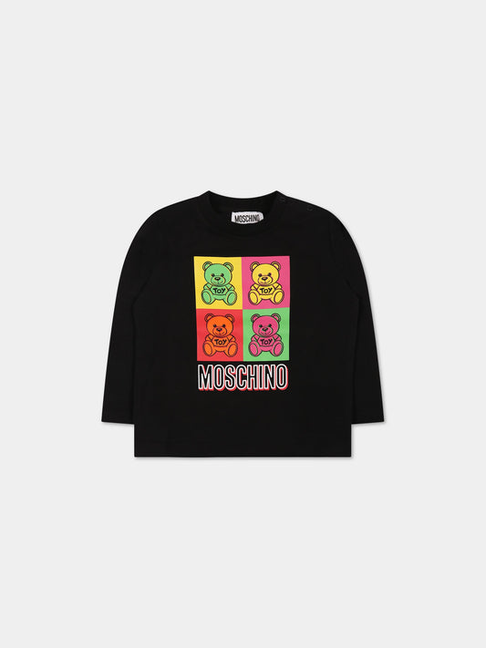 T-shirt nera per neonato con Teddy Bear e logo,Moschino Kids,MMO00E LBA19 60100 