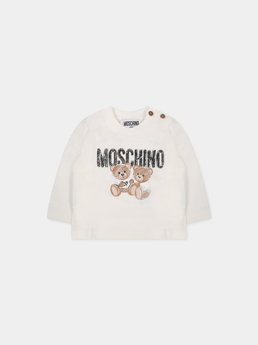 T-shirt bianca per neonati con Teddy Bera e logo,Moschino Kids,MUO00D LAA19 10063