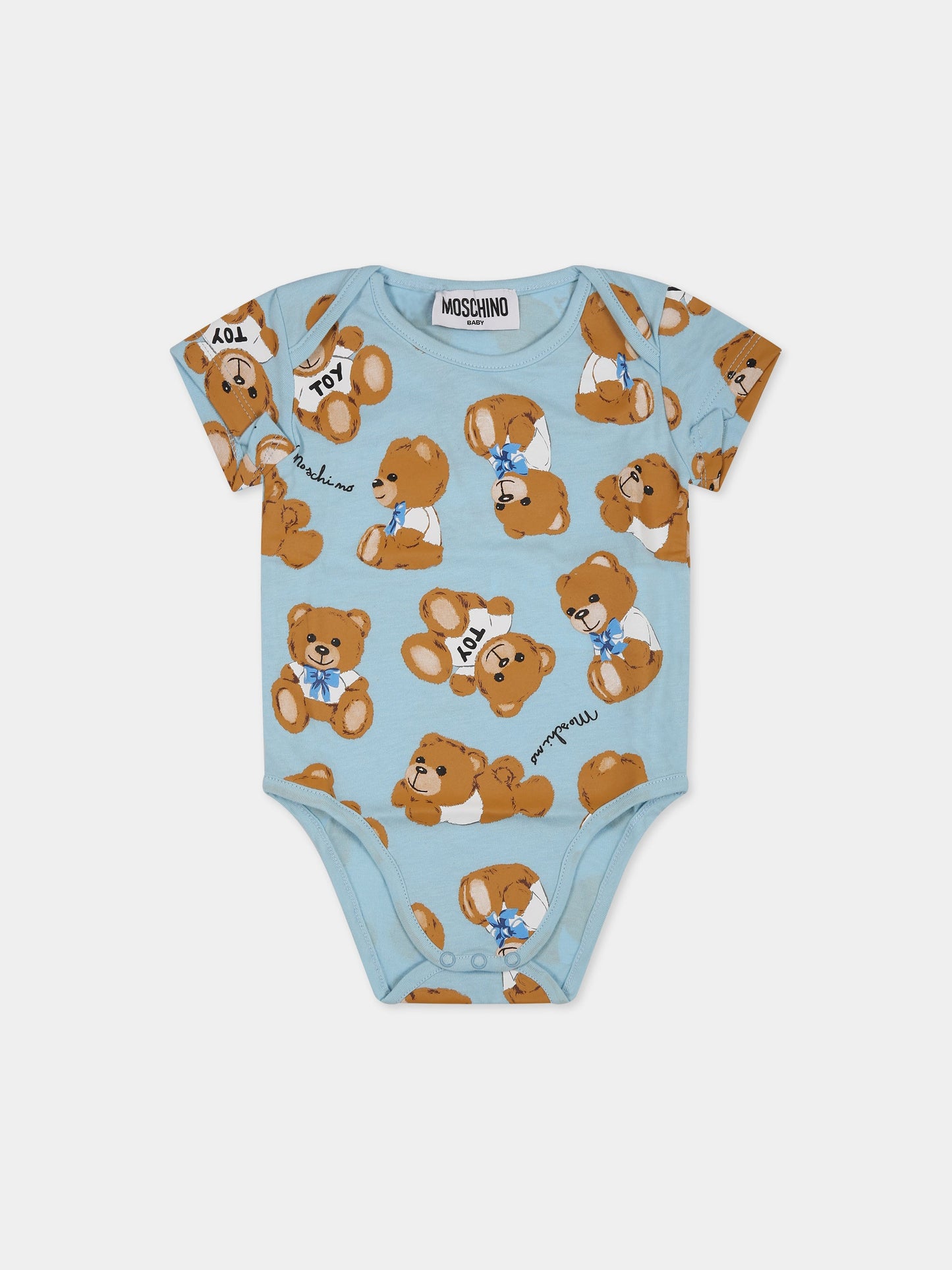 Body celeste per neonato con stampa Teddy Bear e logo all-over,Moschino Kids,MUT02U LAB48 82578