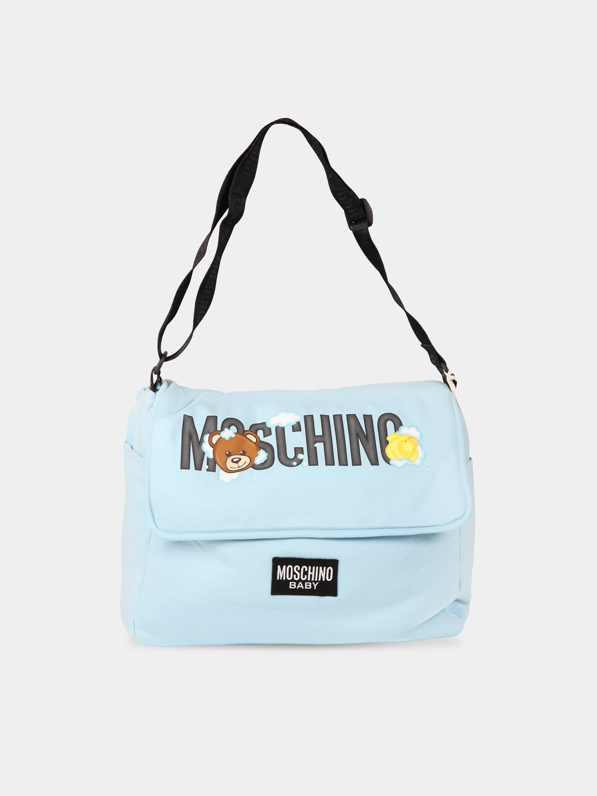 Borsa-mamma celeste per neonato con Teddy Bear, nuvole e logo,Moschino Kids,MRX03D LCA42 40304 