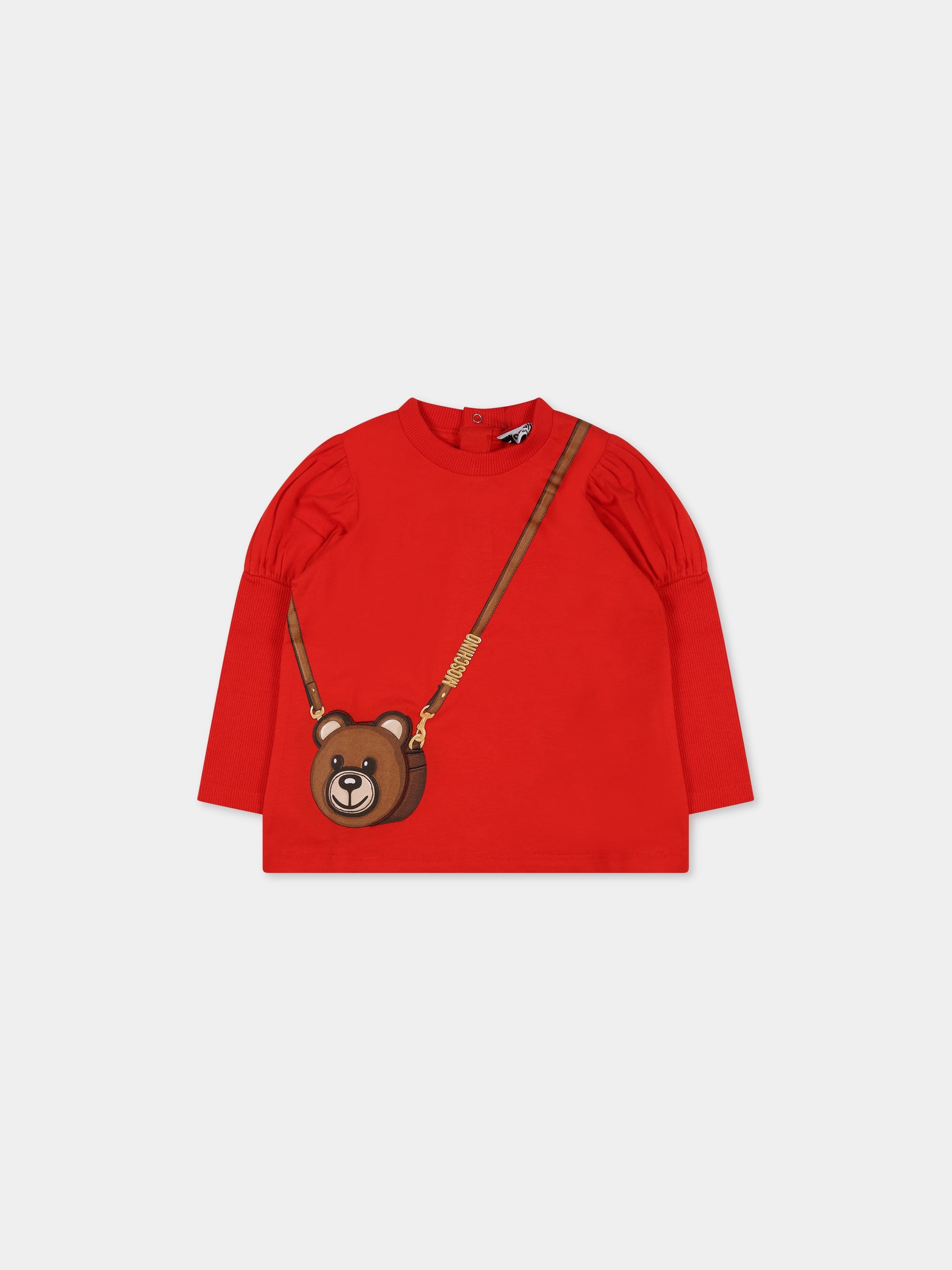 T-shirt rossa per neonata con  stampa Teddy Bear e logo,Moschino Kids,MDO00F LBA11 50109