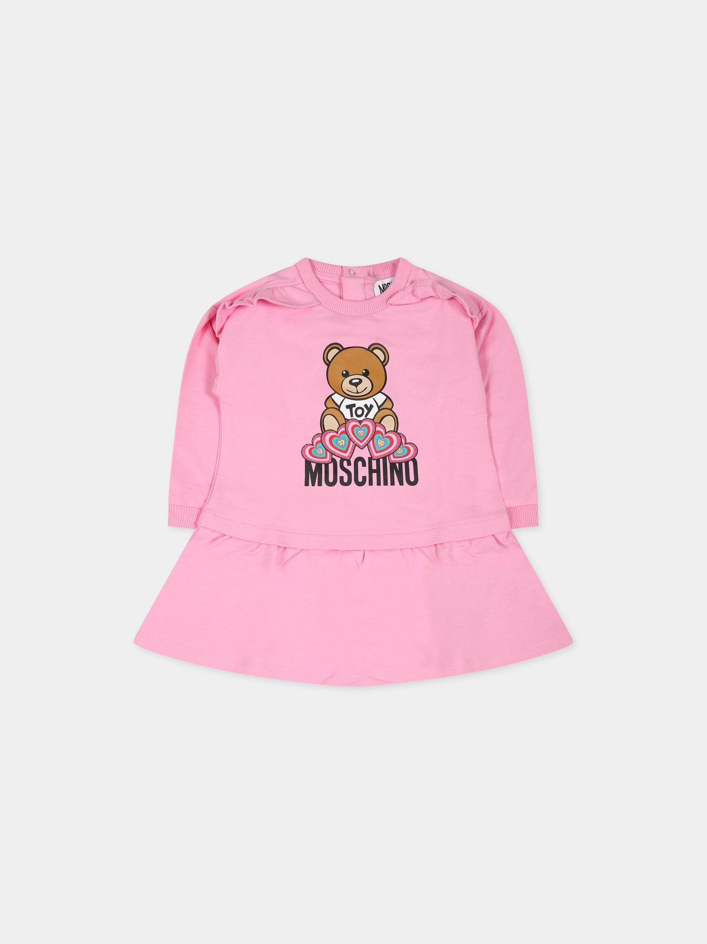 Vestito rosa per neonata con Teddy Bear, cuore e logo,Moschino Kids,MDV09W LDA16 50206