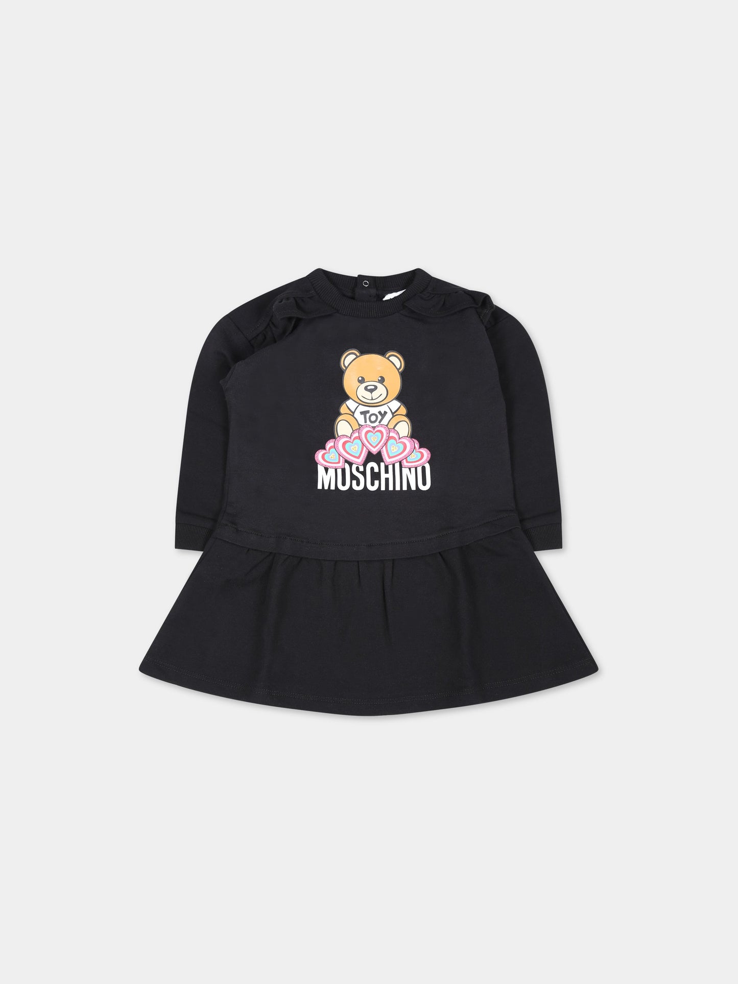 Vestito nero per neonata con Teddy Bear, cuore e logo,Moschino Kids,MDV09W LDA16 60100