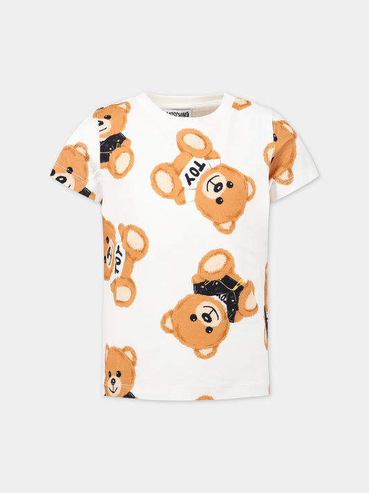 T-shirt bianca per bambini con logo e Teddy Bear all-over,Moschino Kids,HUM043 LBBA5 82580