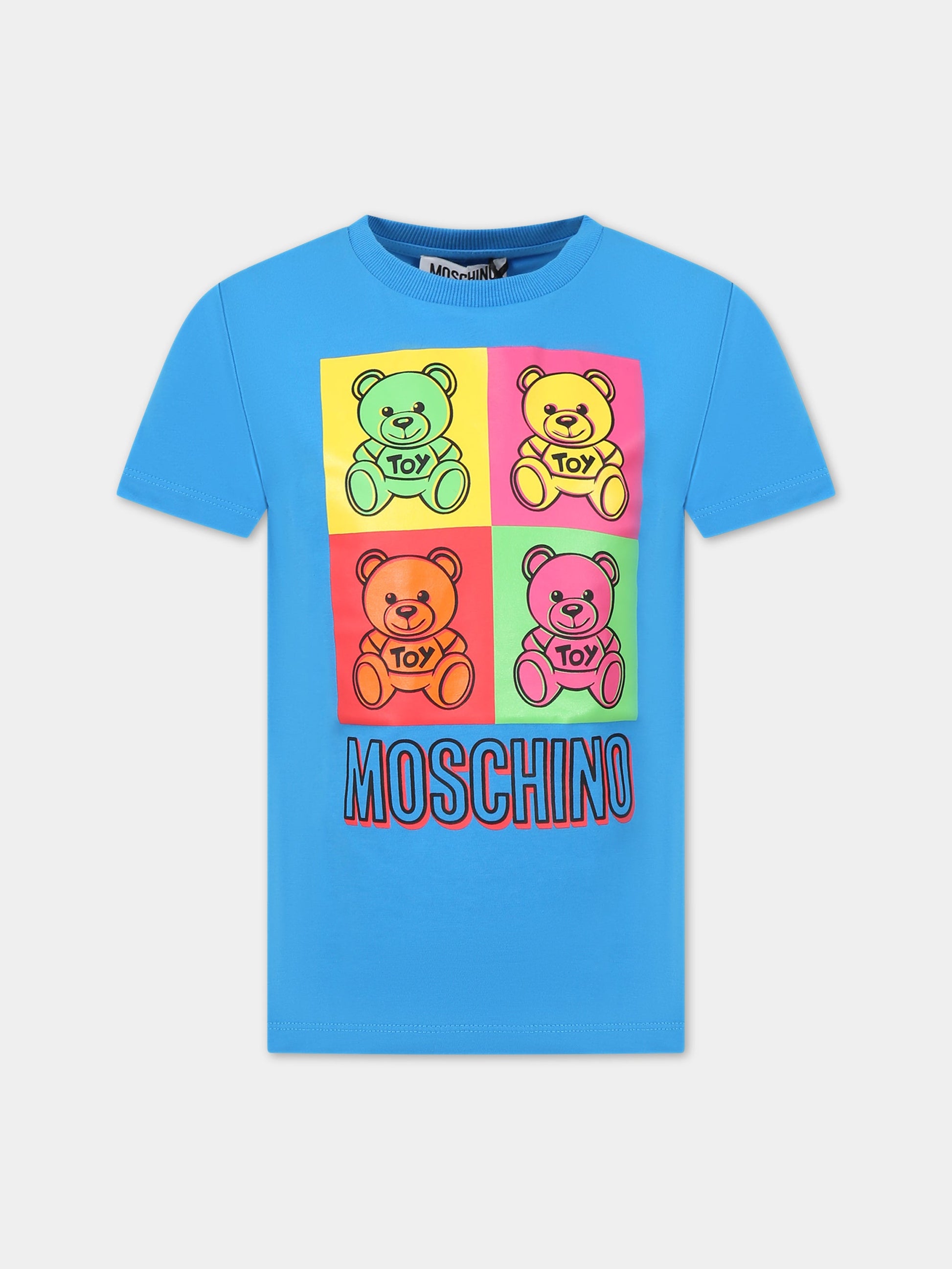 T-shirt blu per bambini con logo e Teddy Bear,Moschino Kids,HNM03S LBA19 40641
