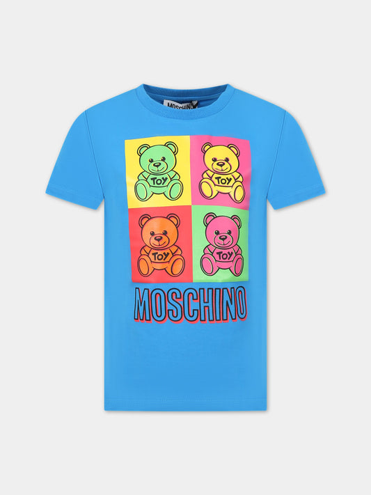 T-shirt blu per bambini con logo e Teddy Bear,Moschino Kids,HNM03S LBA19 40641