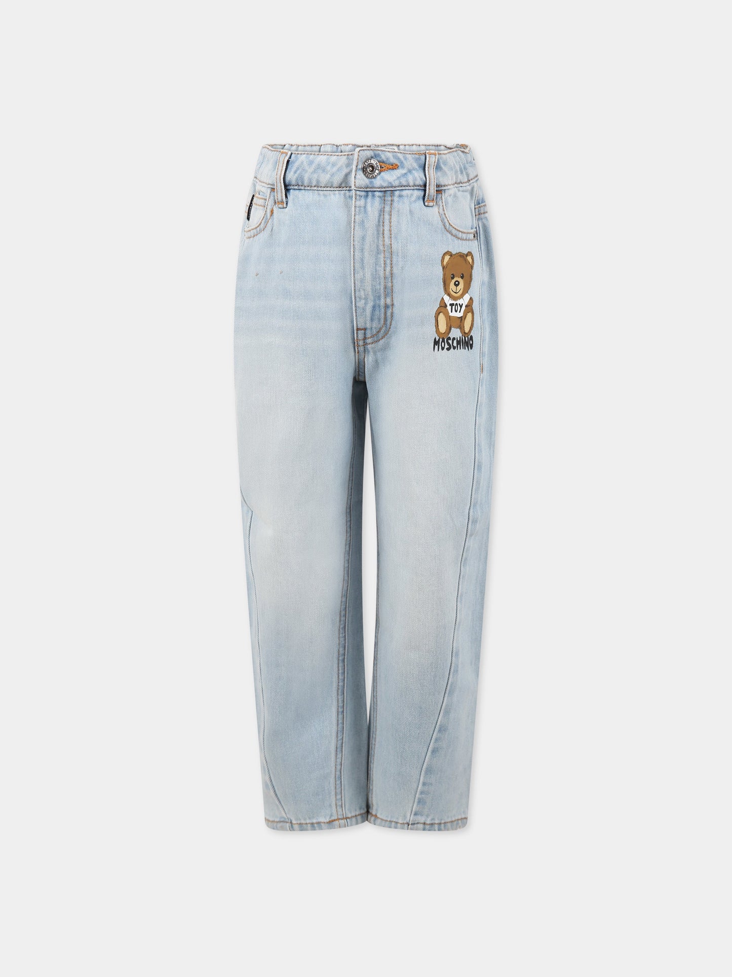 Jeans celeste per bambini con Teddy Bear e logo,Moschino Kids,HUP059 L0E09 40302