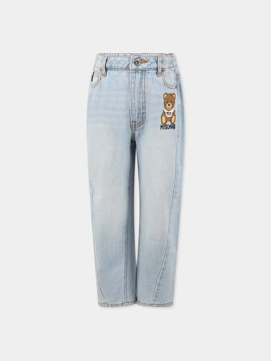 Jeans celeste per bambini con Teddy Bear e logo,Moschino Kids,HUP059 L0E09 40302