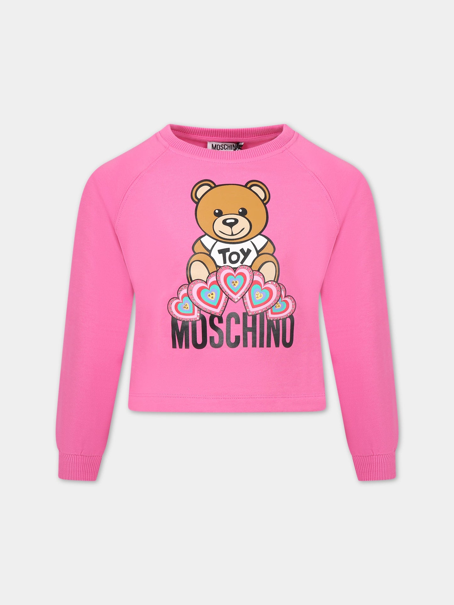 Felpa rosa per bambina con Teddy Bear, cuori e logo,Moschino Kids,HDF03U LDA16 50879