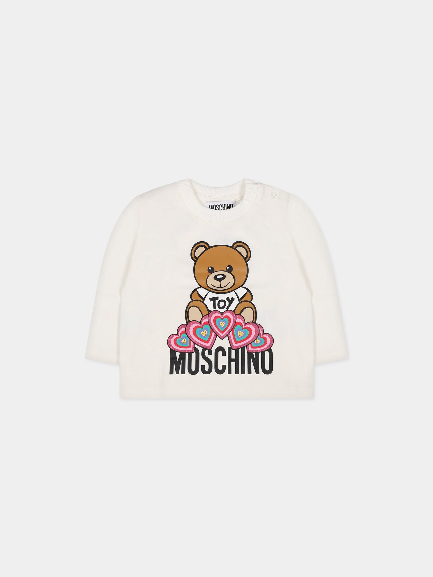 T-shirt bianca per neonata con Teddy Bear, logo e cuori,Moschino Kids,MDO00C LBA11 10063