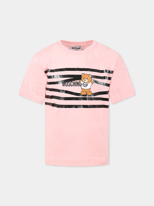 T-shirt rosa per bambina con Teddy bear e logo,Moschino Kids,HUM03R LAA20 50209