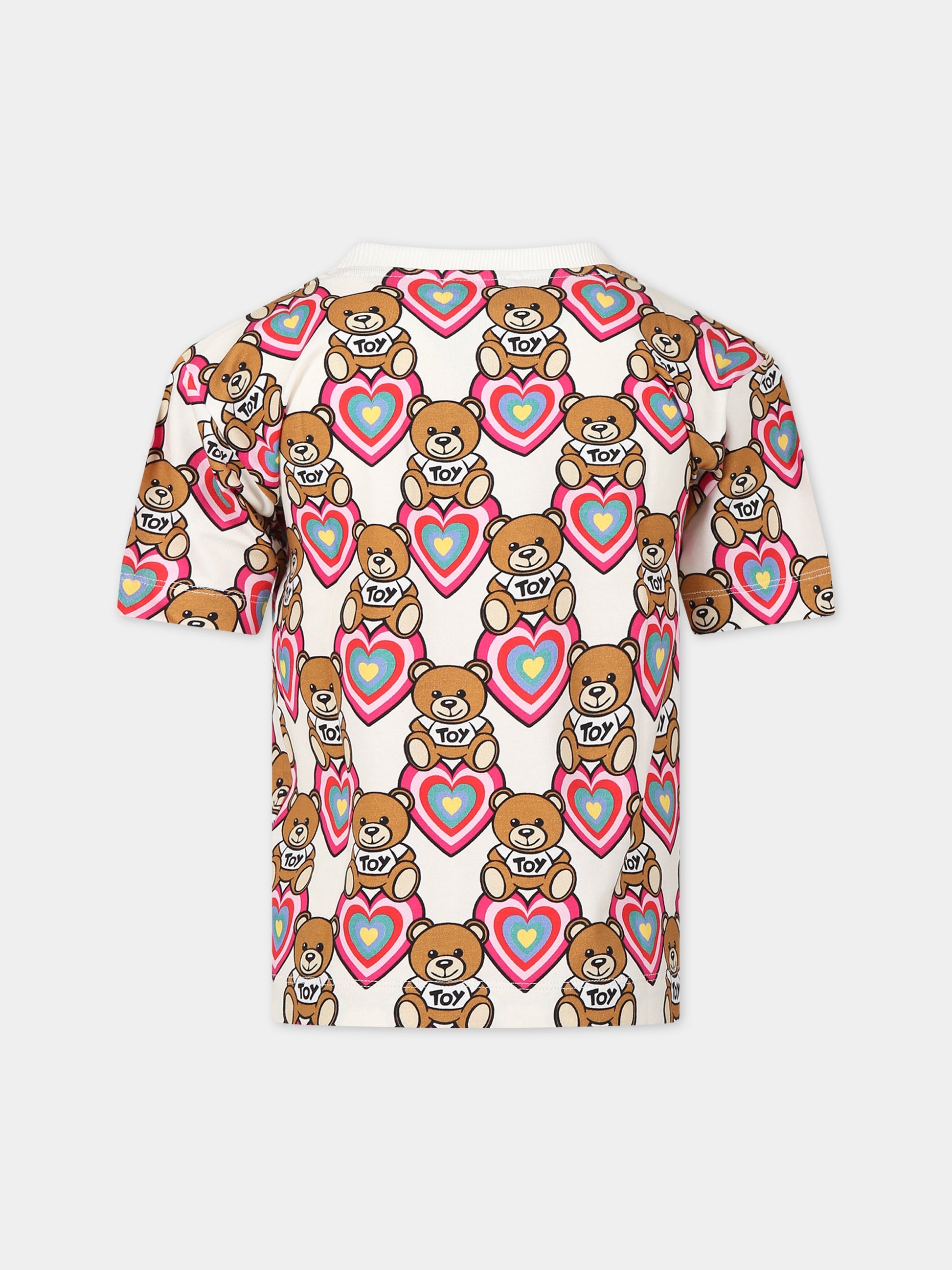 T-shirt bianca per bambina con Teddy Bear, cuore e logo,Moschino Kids,HKM02T LBBA8 83612