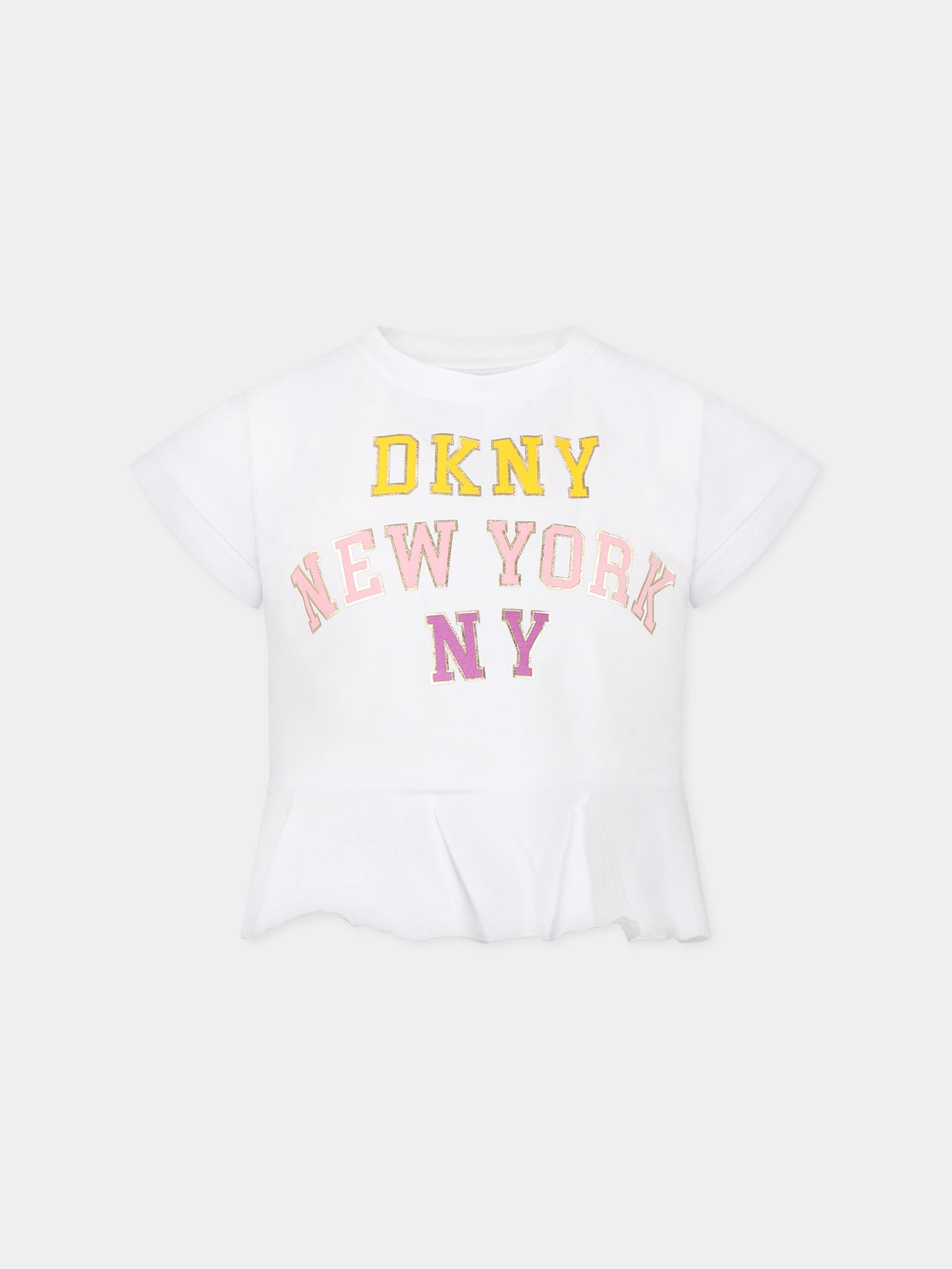 T-shirt bianca per bambina con stampa logo,Dkny,D35R95 10B