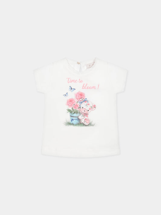 T-shirt bianca per neonata con stampa orso e logo,Monnalisa,399601 9012 0001