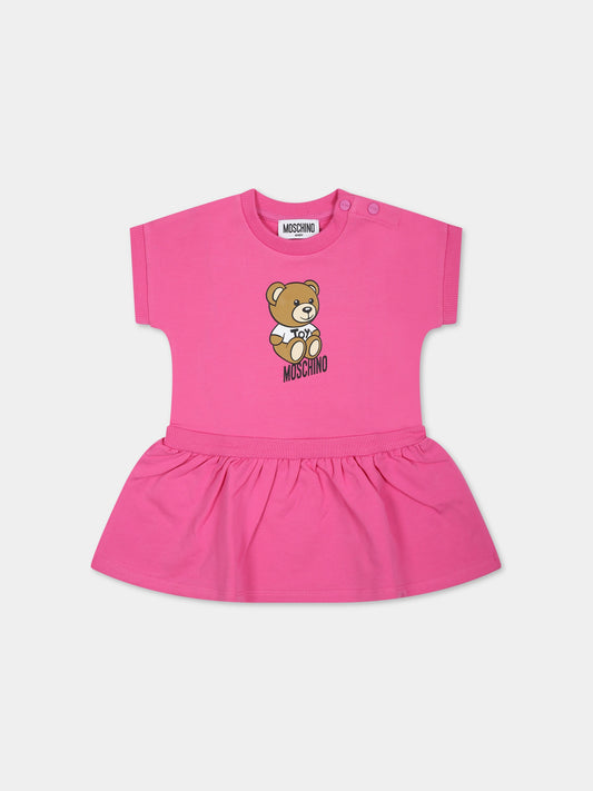 Vestito fucsia per neonata con Teddy Bear e logo,Moschino Kids,MAV09I LDA00 50879