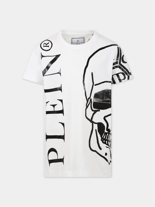 T-shirt bianca per bambino con teschio e logo,Philipp Plein Junior,2PM002 LAA24 10101