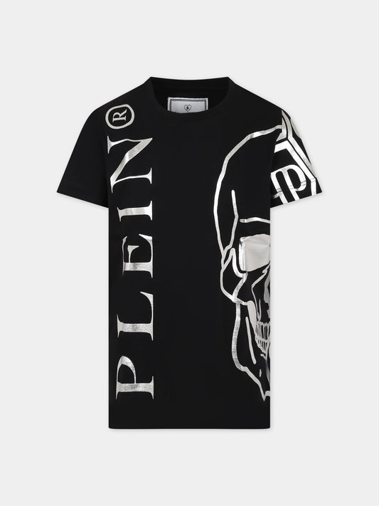 T-shirt nera per bambino con teschio e logo,Philipp Plein Junior,2PM002 LAA24 60100