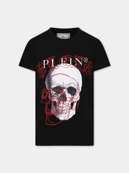 T-shirt nera per bambino con teschio e logo,Philipp Plein Junior,2RM003 LAA26 60100