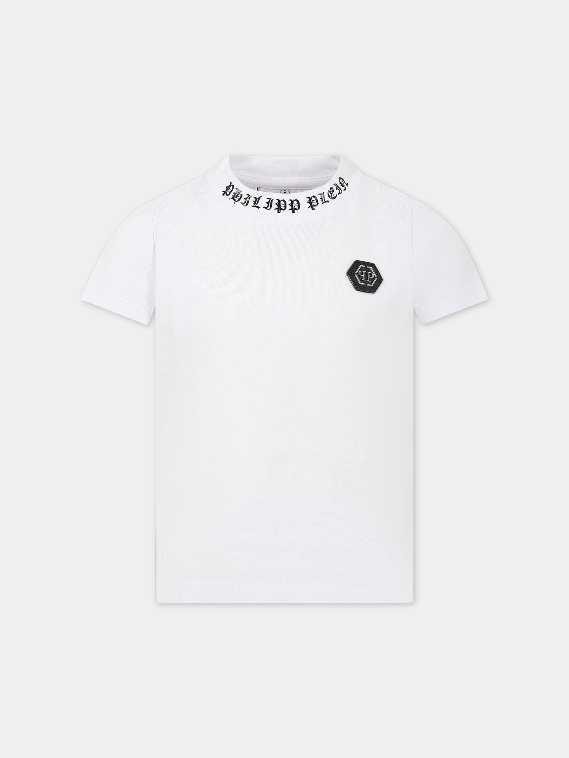 T-shirt bianca per bambino con teschio e logo,Philipp Plein Junior,2UM00B LAA26 10101