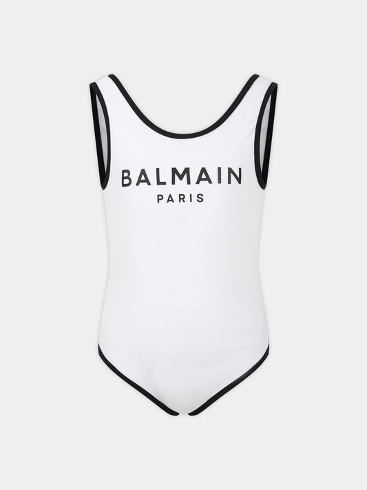 Costume bianco per bambina con logo,Balmain Kids,BSCA89 Z1172 100NE