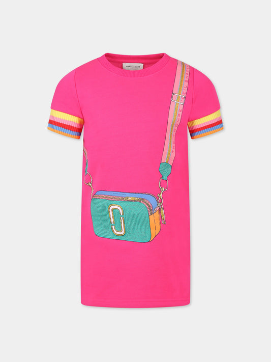 Vestito fucsia per bambina con stampa borsa e logo,Little Marc Jacobs,W12444 49G